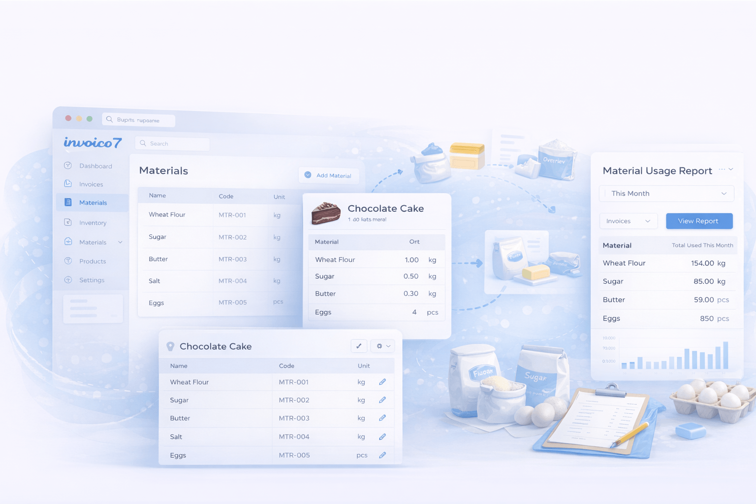 Materials and Bill of Materials management in Invoico7