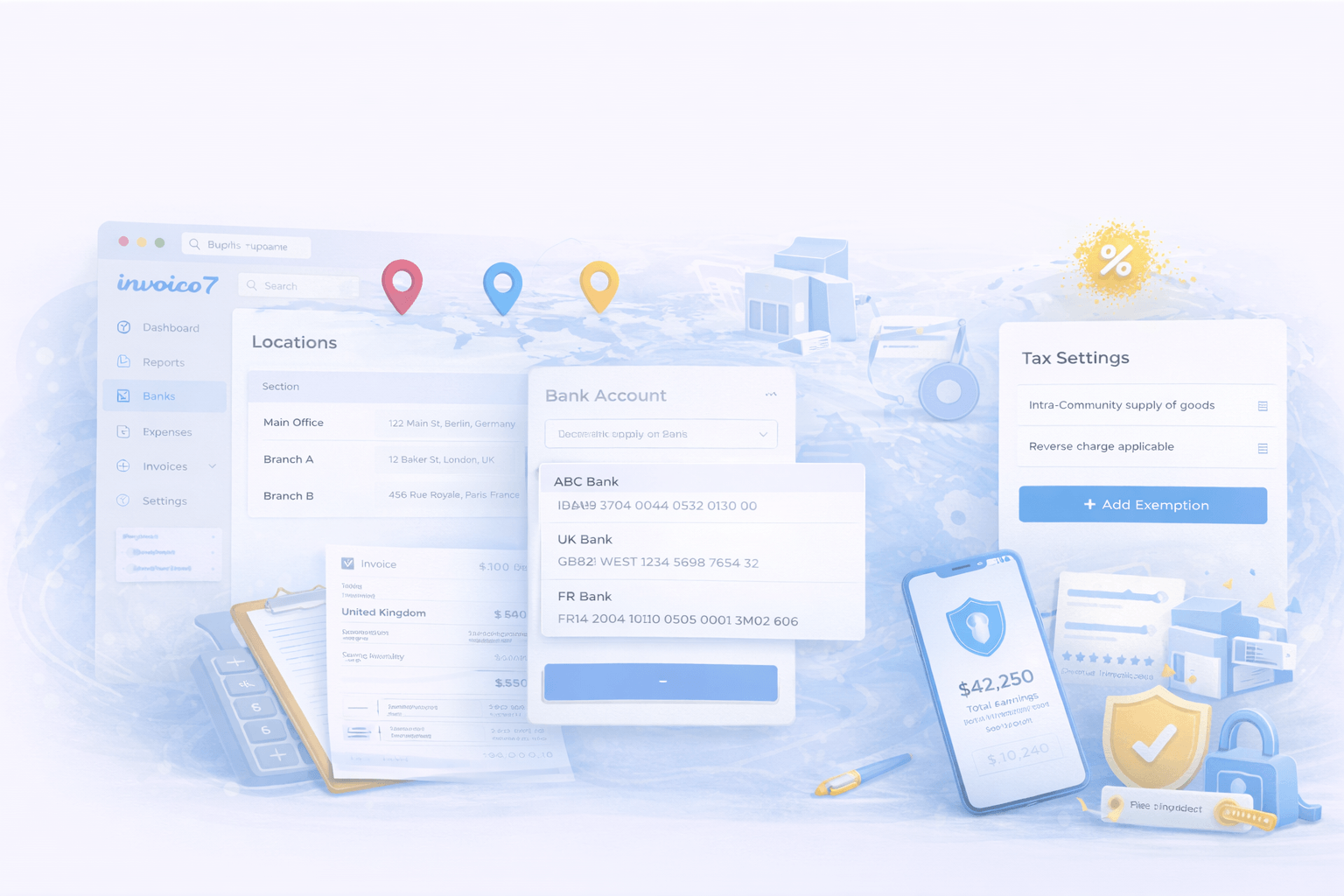 Business configuration options in Invoico7 — locations, bank accounts, and VAT settings.