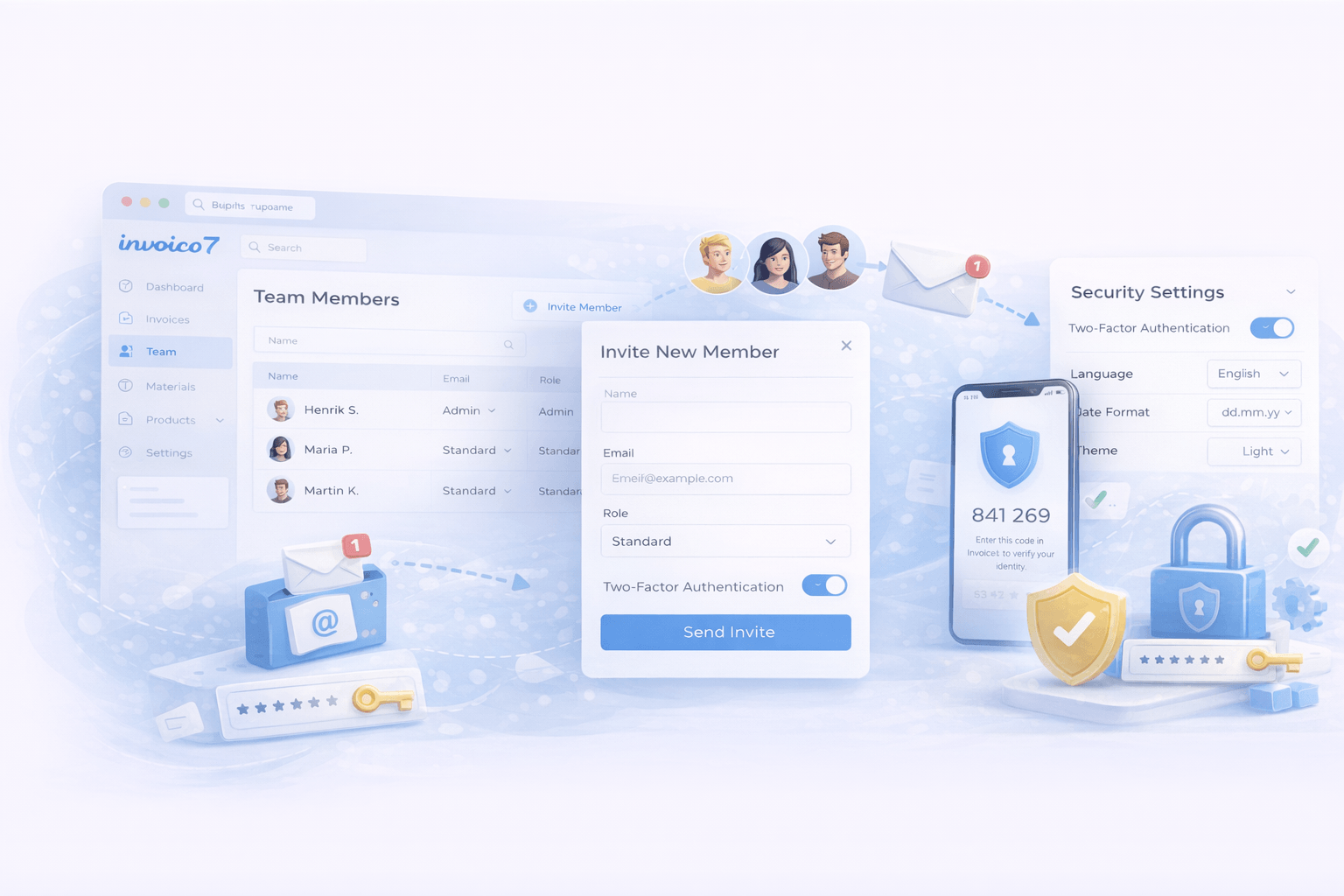 Team management and two-factor authentication in Invoico7