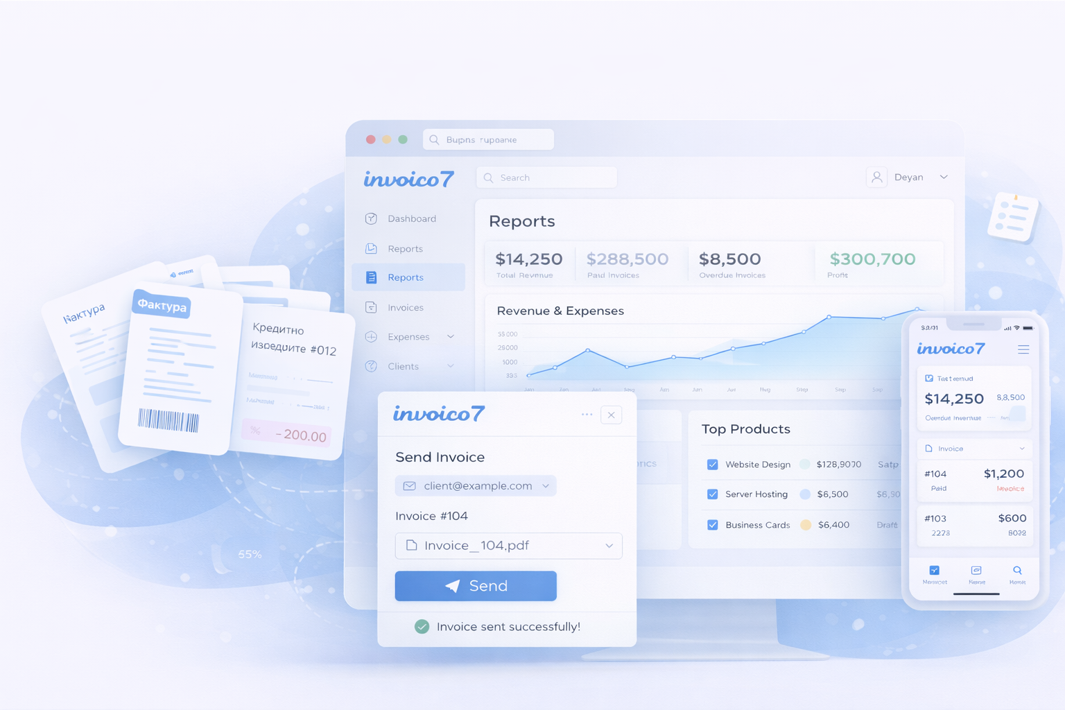 Professional Invoico7 interface for online invoicing and small business financial management.