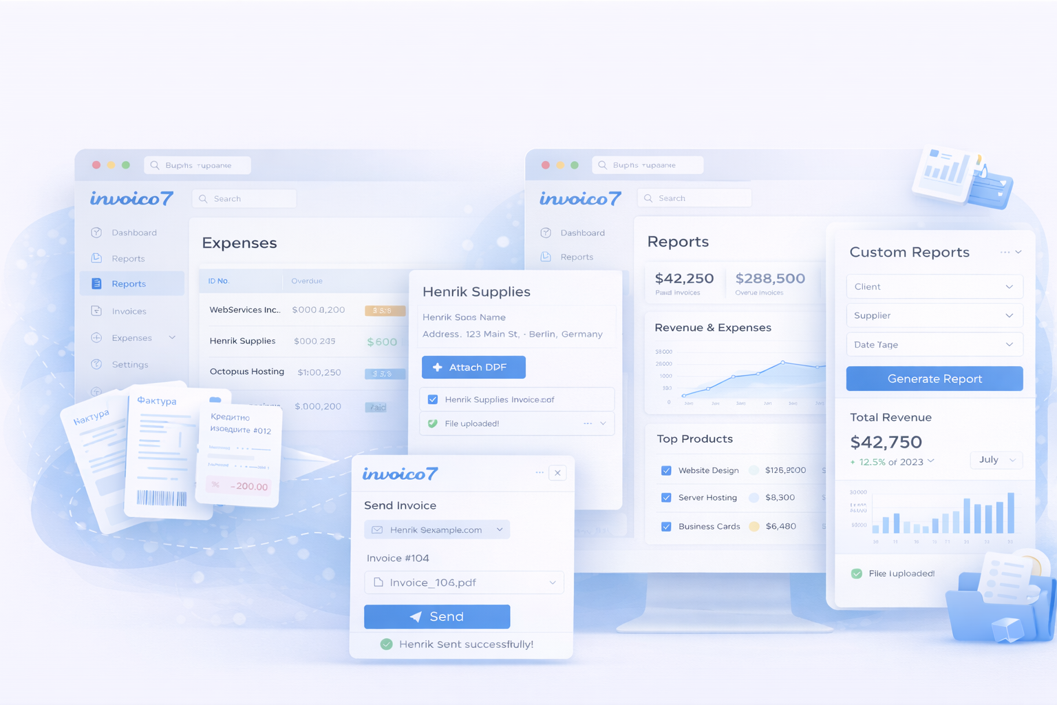 Intuitive invoice creation software in Invoico7 with automated data entry and VAT calculation.